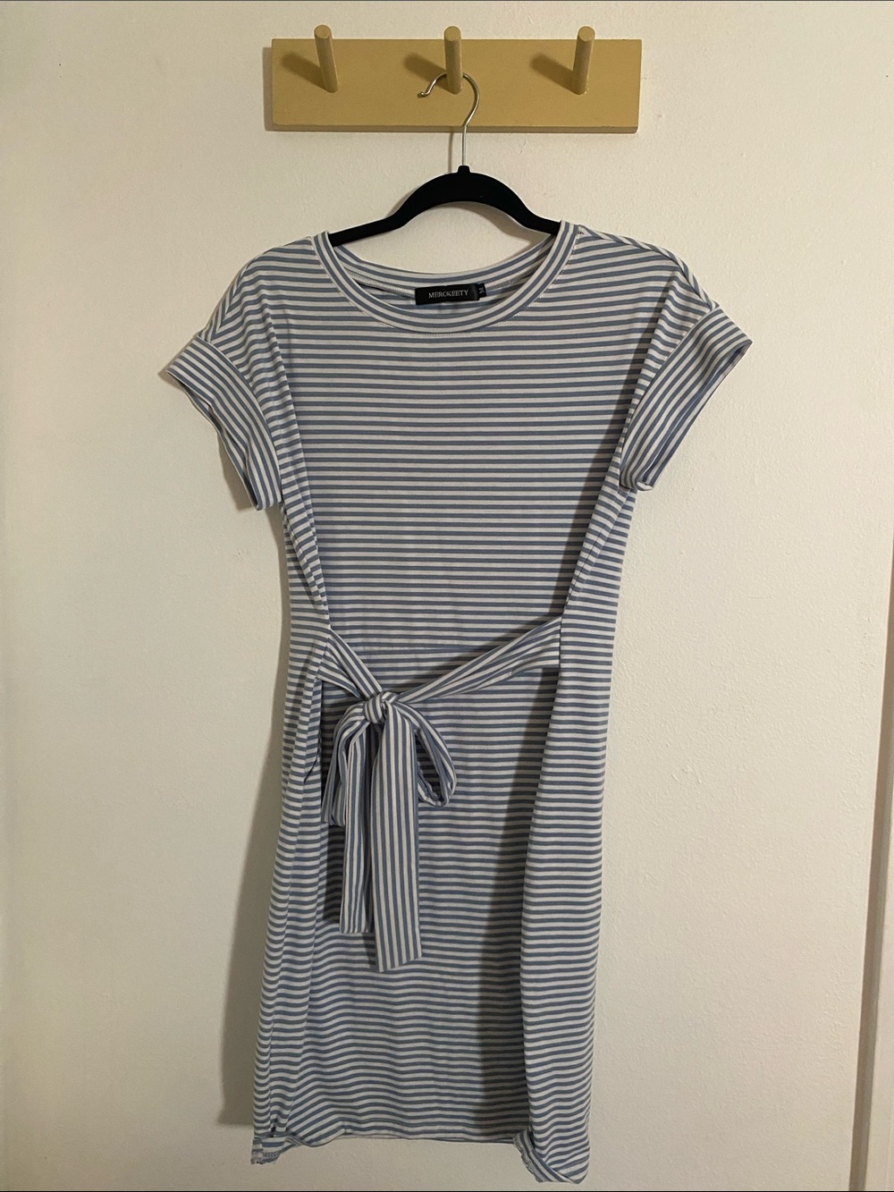 Merokeety Blue & White Striped Tie-Belt Mini Dress